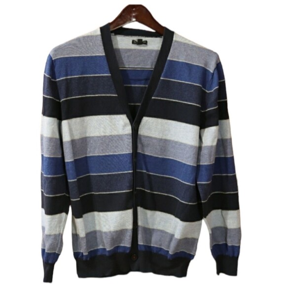 Sons of Intrigue Classic Blue Striped Preppy Cardigan Sweater Mens LG - Picture 1 of 8
